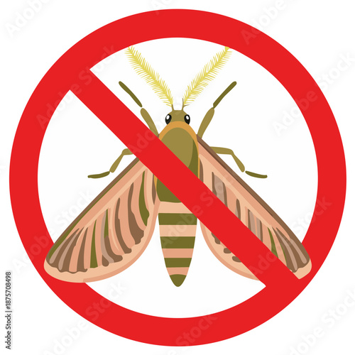 Iconic Illustration of Moth with a Red Circle and a Slash Over It, Symbolizing the Prohibition of Moths and Pest Control