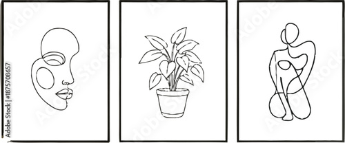 Minimalist black and white line art triptych featuring abstract female form a potted houseplant and flowing organic shapes creating modern living room wall decor above a comfortable beige sofa