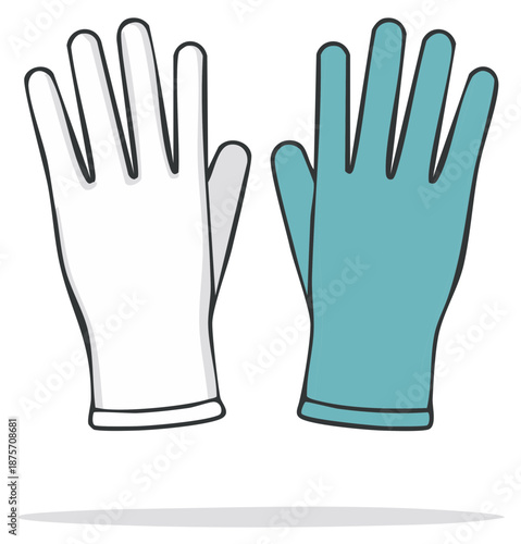 Pair of Hand Drawn Gloves Offering Protection or Cleaning One Blue One White