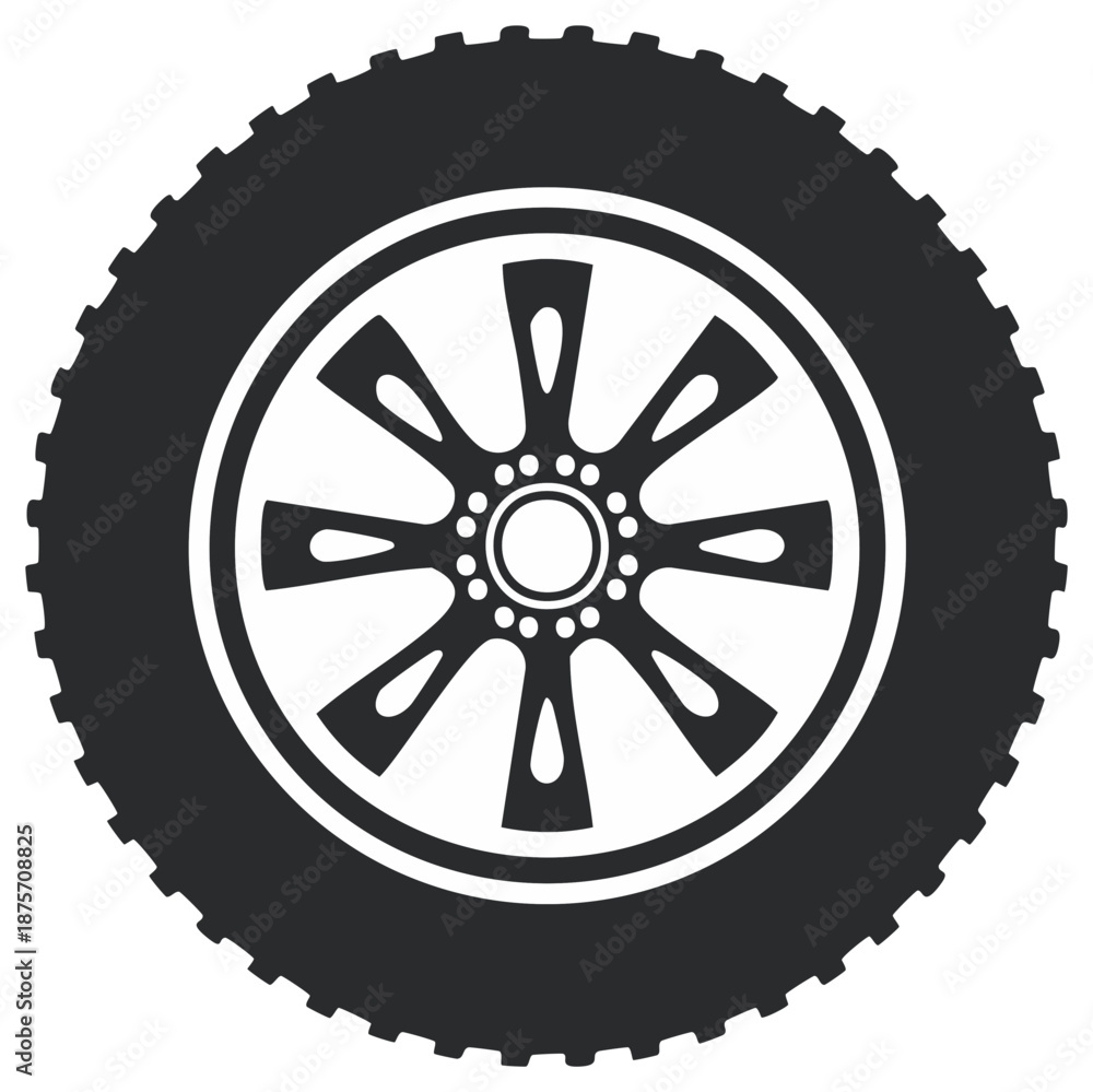 Fototapeta premium Vehicle wheel with tire tread illustration showing spokes design in graphic style for transportation and mobility