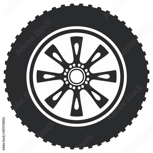 Vehicle wheel with tire tread illustration showing spokes design in graphic style for transportation and mobility