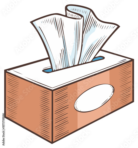 Box of Facial Tissues with Paper Coming Out Cartoon Style Design