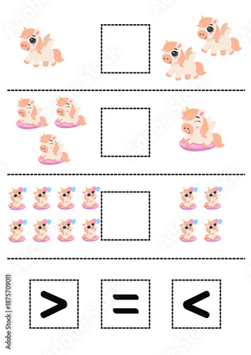 An educational math activity for children featuring cute unicorns for counting and comparing numbers using the symbols “greater than,” “less than,” and “equal to.” A printable activity for preschooler