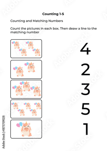 An educational math activity for children to practice counting and matching numbers with cute unicorns. A printable worksheet for preschoolers to learn basic math and logic skills for kindergarten.