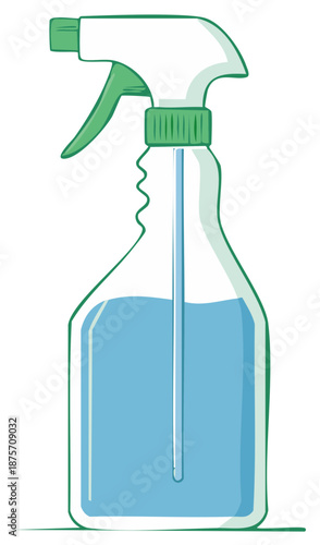 Green and clear spray bottle filled with blue liquid for cleaning or gardening tasks