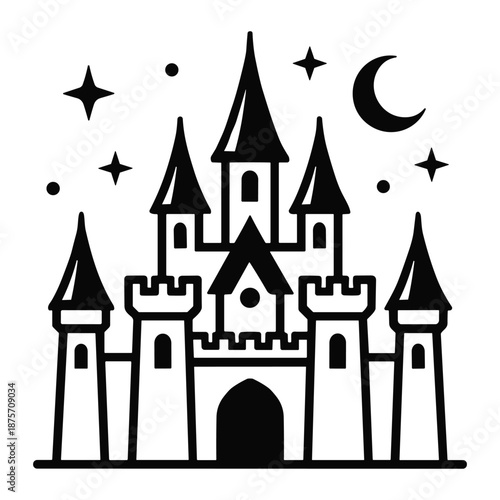 Fairy Tale Castle Icon, Fantasy Night Line Art Vector