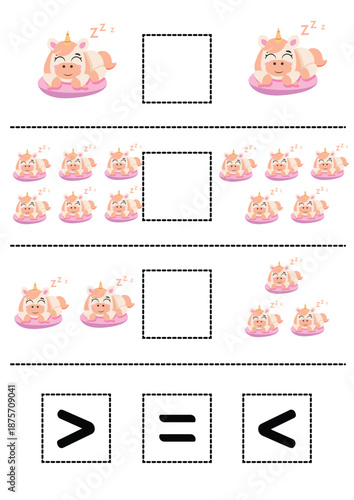 An educational math activity for children featuring cute unicorns for counting and comparing numbers using the symbols “greater than,” “less than,” and “equal to.” A printable activity for preschooler