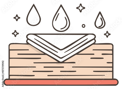 Cleanliness concept: pile of clean folded towels, water drops and sparkles