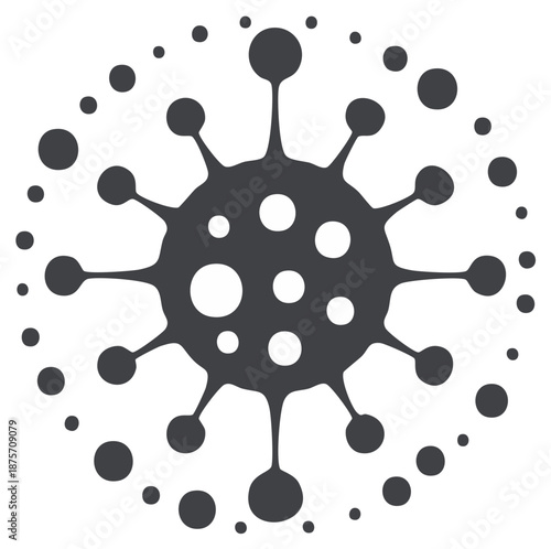 Abstract depiction of viral particle with surface spikes and surrounding smaller particles for medical visuals or design