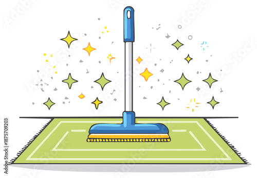 Broom Sweeping a Green Carpet with Shining Stars Symbolizing Cleanliness, Hygiene and Home Care in Stylized Cartoon