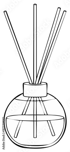 Linear drawing of an aroma diffuser with reed sticks. Home fragrance concept.