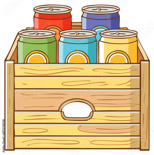 Cartoon Color Soda Cans in Wood Crate Container Beverage Drinks Storage