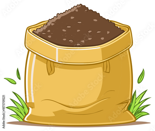Illustration of an open burlap sack full of fertile soil for gardening and planting