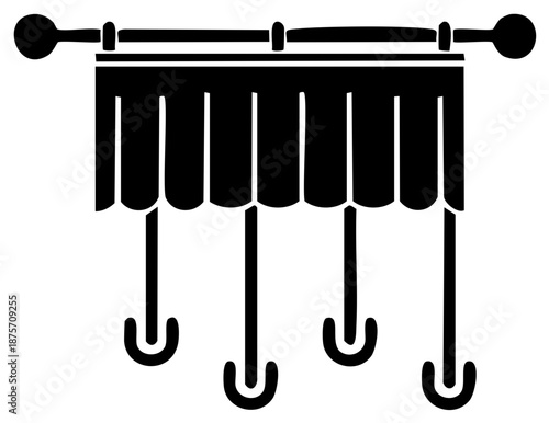 Monochrome vector glyph of stage curtains with tassels and a curtain rod with knob-shaped finials.