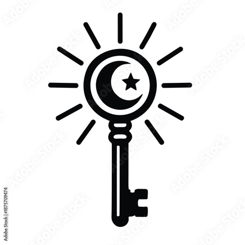 Magic Key with Moon Icon, Enchanted Symbol Line Art Vector