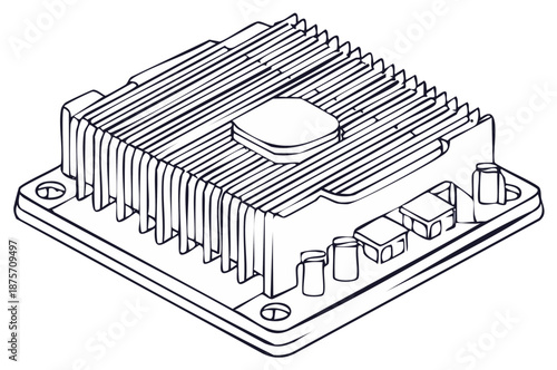 Monochrome illustration of a computer CPU heat sink with cooling fins and components