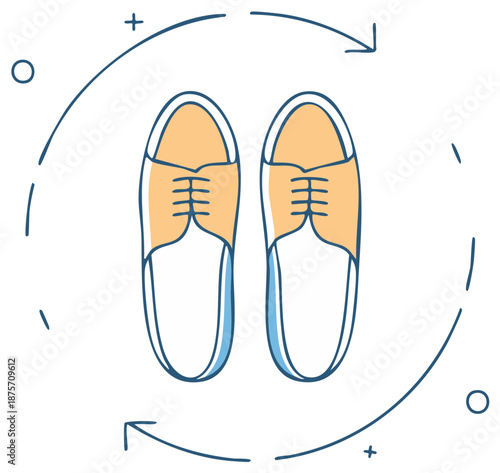 Footwear directional symbol depicting shoes with arrows illustrating forward movement orientation concept