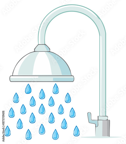 Simple bathroom shower head fixture with blue water droplets falling for hygiene and cleanliness