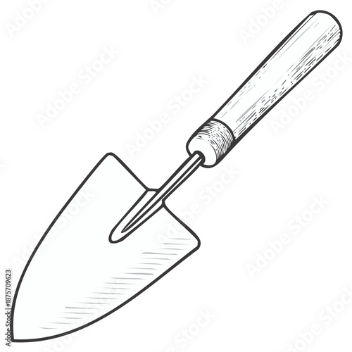 Engraved Garden Trowel Illustration Detailed Gardening Hand Tool Wood Handle Shovel