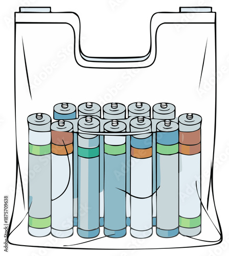 Collection of cylindrical batteries in a clear plastic organizer tray with a handle