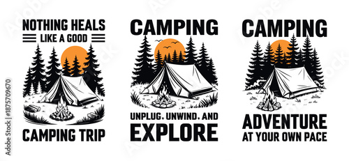 Vintage Camping Adventure Badge Set with Mountains Forest Tent and Outdoor Vector Illustration