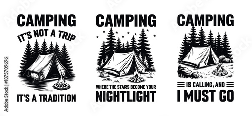 Vintage camping with campfire vector set with tent, forest, and campfire elements, outdoor adventure quote designs ideal for t-shirts, logos, prints, and nature lifestyle branding