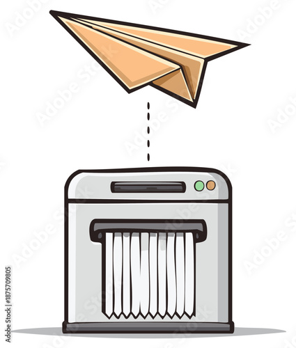 Paper Plane Flying Toward Paper Shredder Machine Cartoon Illustration