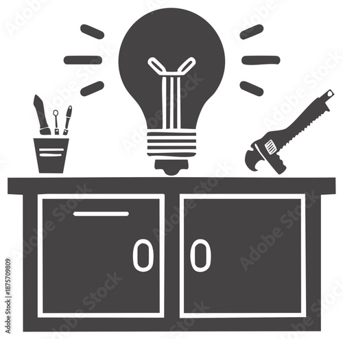 Creative ideas and practical solutions represented by a bright lightbulb art supplies and multipurpose hand tool