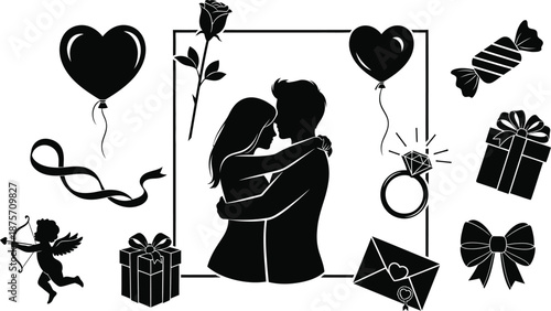 Black and white Valentine's Day with couple silhouette and gifts love heart
