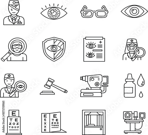 Ophthalmology and optometry line icon set featuring eye examination tools vision testing equipment and medical legal gavel vector,
