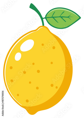 Bright Yellow Lemon with Green Leaf and Stem, Graphic Illustration