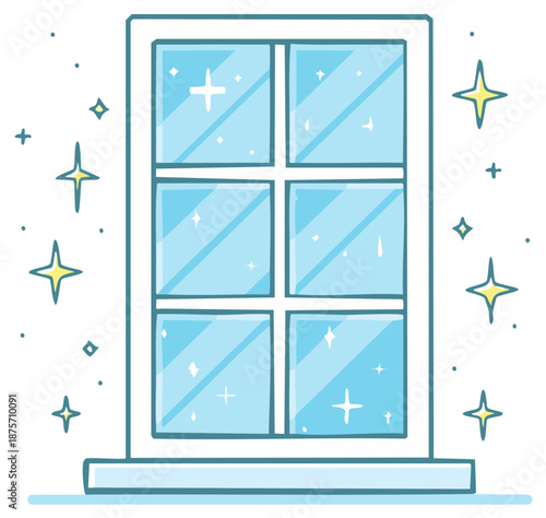 Sparkling clean window panes with shimmering light effects and bright starbursts illustration