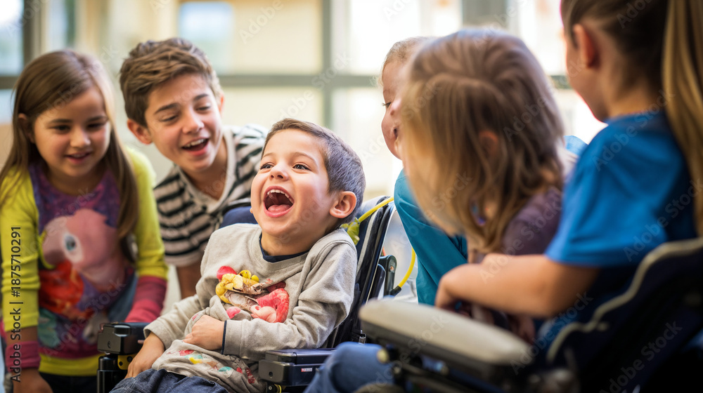 Obraz premium Happy Children Laughing with Disabled Boy in Wheelchair