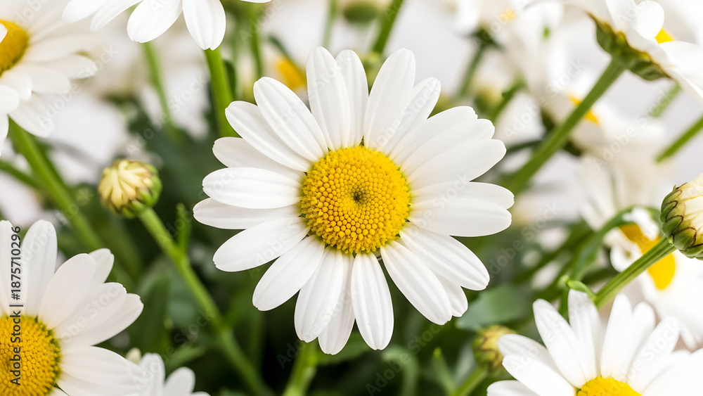 Fototapeta premium Beautiful white daisy flowers with yellow centers in bloom