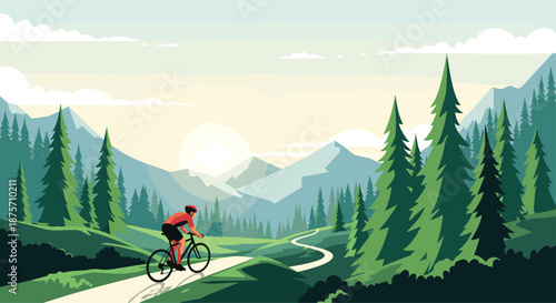 Mountain biker riding on a winding path through a dense evergreen forest during a beautiful sunrise in nature.
