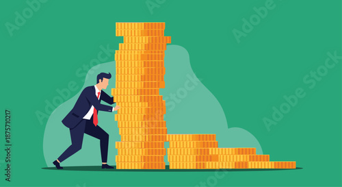 Determined businessman pushing a massive stack of gold coins representing financial growth and wealth accumulation.