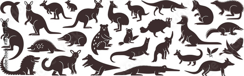 Australian animal silhouettes, kangaroo, koala, platypus, echidna, wombat, emu, crocodile, native wildlife, vector illustration, cartoon icons