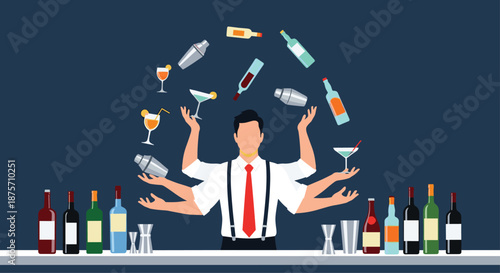 Skilled bartender with multiple arms juggling various liquor bottles, shakers, and cocktail glasses behind a bar.