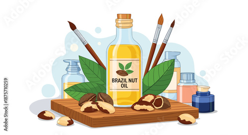 Bottle of natural brazil nut oil surrounded by fresh nuts, green leaves, and various cosmetic skin care products.