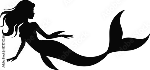 Mermaid silhouette illustration, beautiful sea girl with flowing hair and tail, fantasy ocean character, black vector design