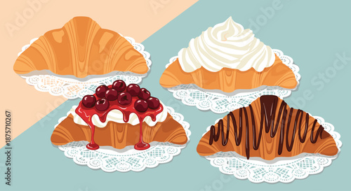 Selection of freshly baked croissants including plain, cream filled, berry topped, and chocolate drizzled varieties.