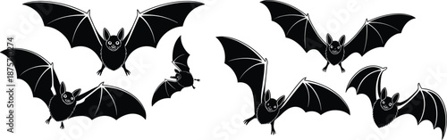Bat silhouettes, flying poses, black vector illustration, nocturnal animals, winged mammals, Halloween icons, wildlife design, spooky creatures, bat anatomy