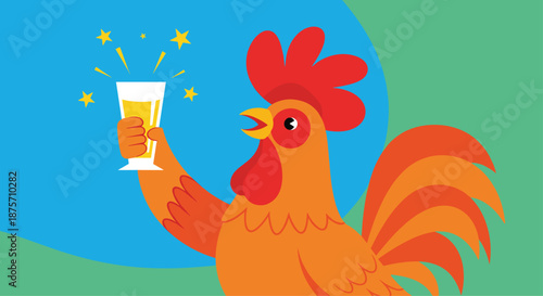 Cheerful cartoon rooster celebrating with a glass of beer and golden stars on a bright blue and green background.