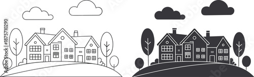 Modern suburban neighborhood houses illustration, minimal line and silhouette style, village landscape with trees clouds, black white vector