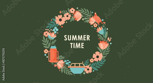Decorative floral wreath with summer time typography along with icons of a thermos and a boat on a dark background.