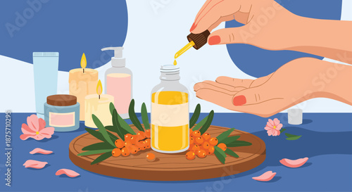 Person applying herbal oil from a dropper bottle onto their palm surrounded by spa items and sea buckthorn berries.