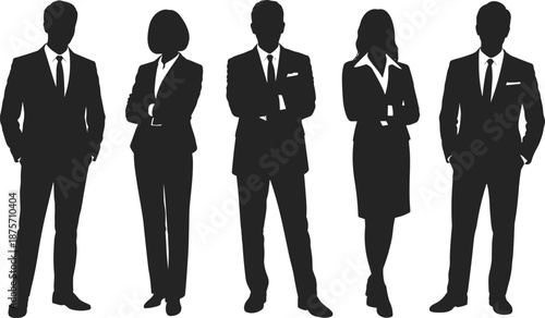 Business silhouettes, professional people, confident poses, formal attire, male and female figures, team concept, vector illustration, workplace diversity, icons
