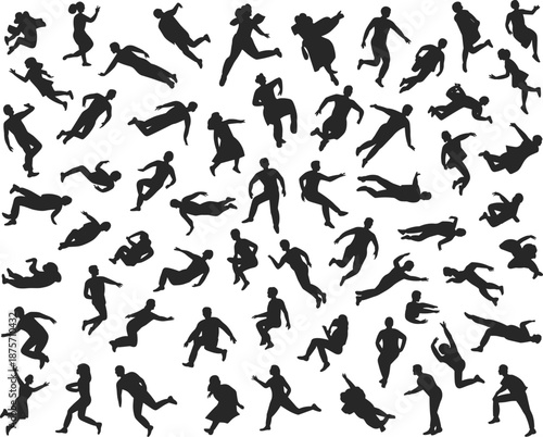 People silhouette set in action poses, running jumping falling dancing, human activity collection black vector illustration isolated on white