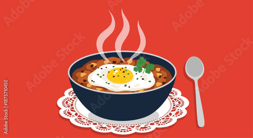 Warm bowl of hearty soup topped with a perfectly fried egg and fresh herbs served on a decorative lace doily.