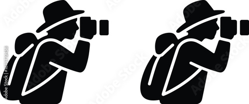 Photographer silhouette icon with camera and backpack, travel photo journalist symbol, black vector illustration isolated on white background